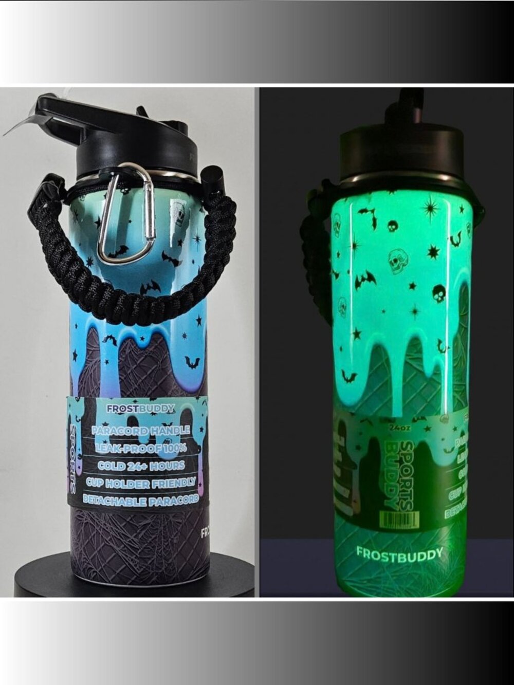 Frost Buddy Sports Buddy 24oz Halloween Glow in the Dark Tumbler Skulls Bats NEW